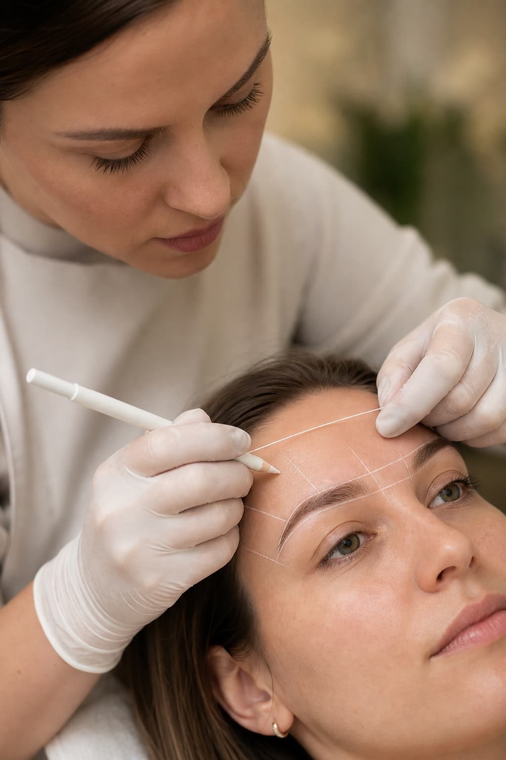 A permanent makeup artist carefully mapping a client's brows